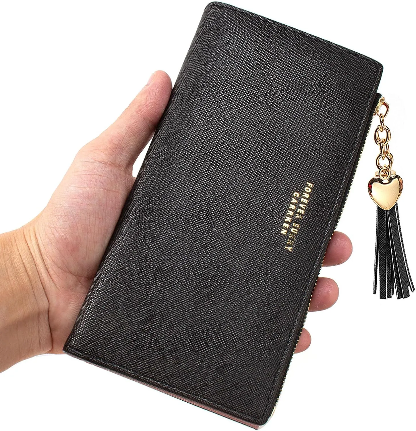 KOTORA Womens Slim Wallet Girls Thin Wallets Pretty Mini Long Card Holder Small Tiny Clutch Zip Purse Love Pendant Tassels Billfold (Black)