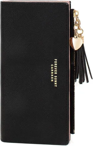 KOTORA Womens Slim Wallet Girls Thin Wallets Pretty Mini Long Card Holder Small Tiny Clutch Zip Purse Love Pendant Tassels Billfold (Black)