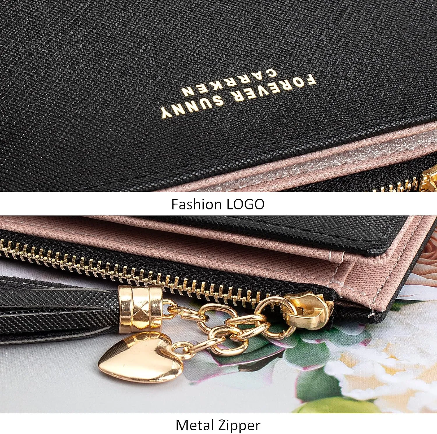 KOTORA Womens Slim Wallet Girls Thin Wallets Pretty Mini Long Card Holder Small Tiny Clutch Zip Purse Love Pendant Tassels Billfold (Black)