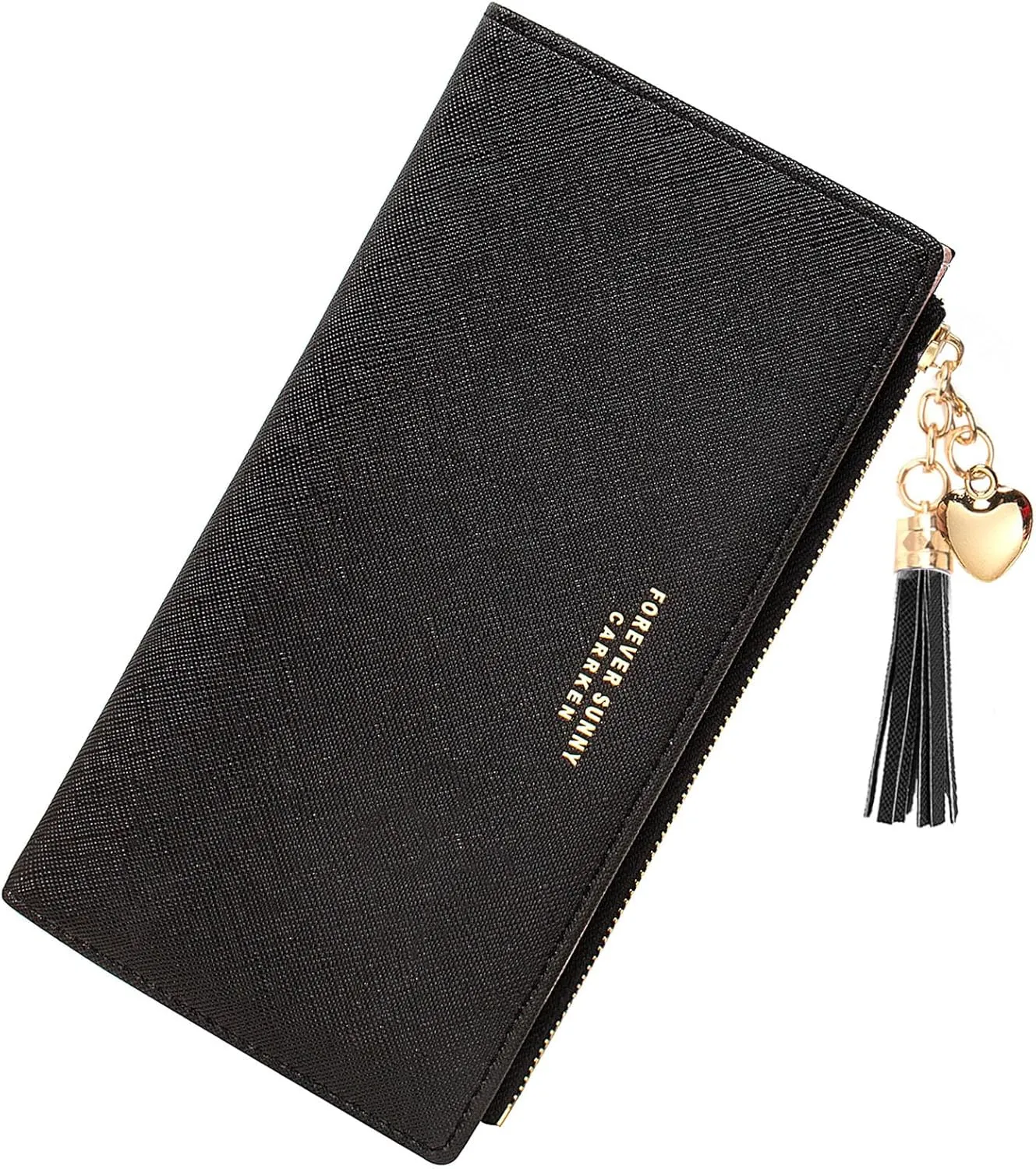 KOTORA Womens Slim Wallet Girls Thin Wallets Pretty Mini Long Card Holder Small Tiny Clutch Zip Purse Love Pendant Tassels Billfold (Black)