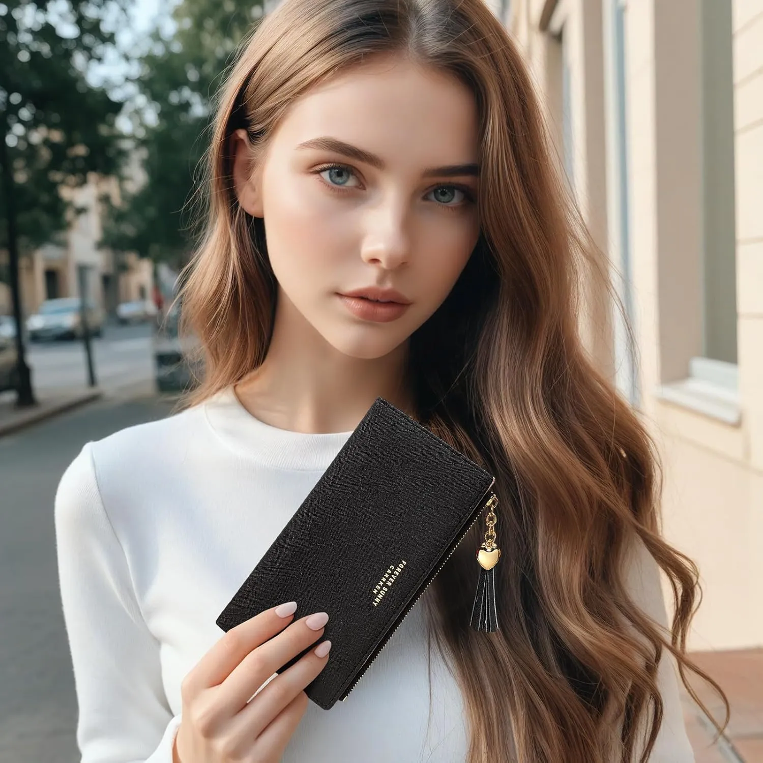 KOTORA Womens Slim Wallet Girls Thin Wallets Pretty Mini Long Card Holder Small Tiny Clutch Zip Purse Love Pendant Tassels Billfold (Black)