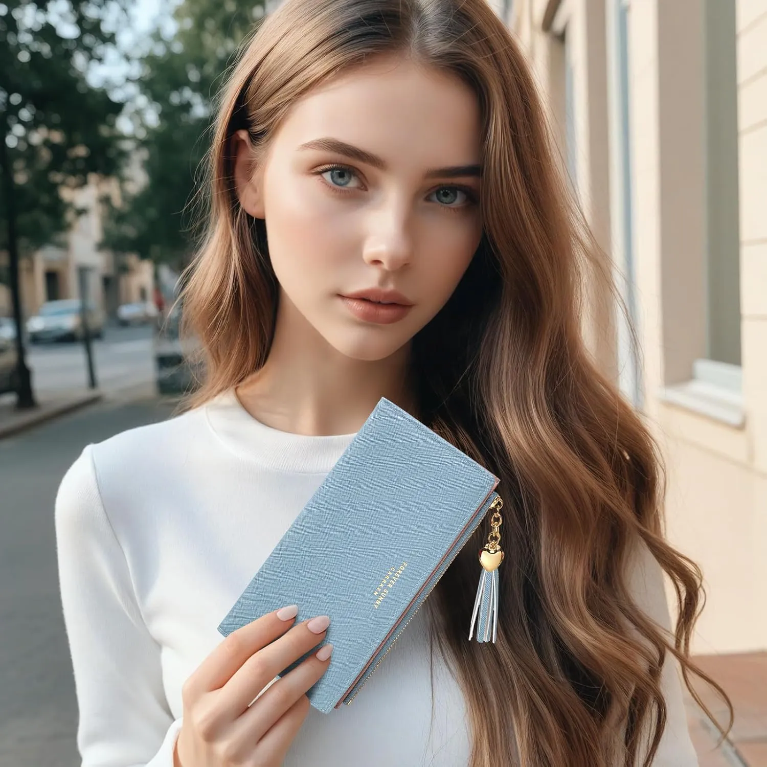 KOTORA Womens Slim Wallet Girls Thin Wallets Pretty Mini Long Card Holder Small Tiny Clutch Zip Purse Love Pendant Tassels Billfold (Blue)