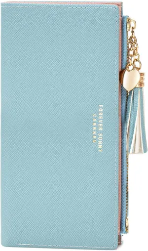 KOTORA Womens Slim Wallet Girls Thin Wallets Pretty Mini Long Card Holder Small Tiny Clutch Zip Purse Love Pendant Tassels Billfold (Blue)