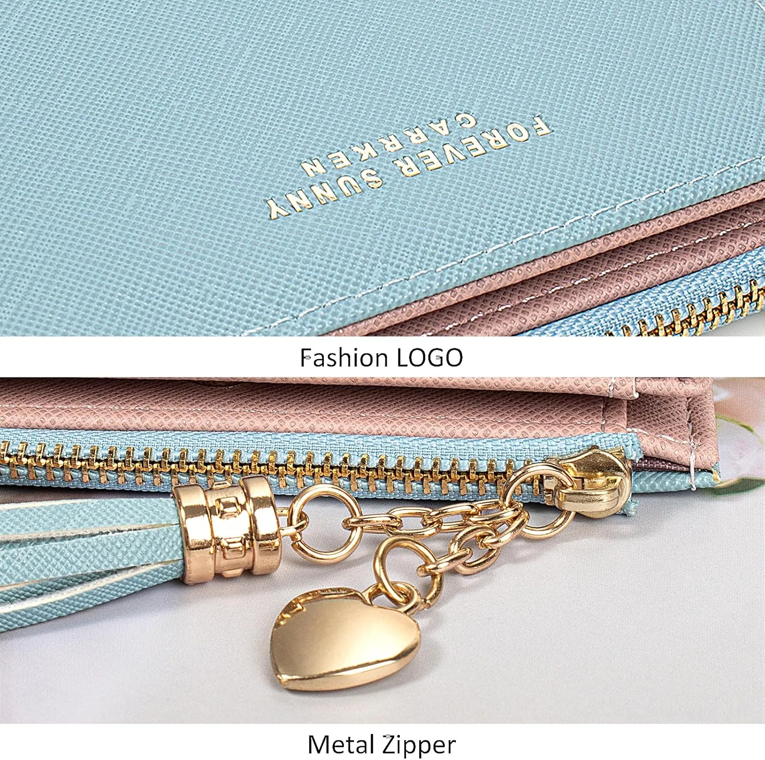 KOTORA Womens Slim Wallet Girls Thin Wallets Pretty Mini Long Card Holder Small Tiny Clutch Zip Purse Love Pendant Tassels Billfold (Blue)