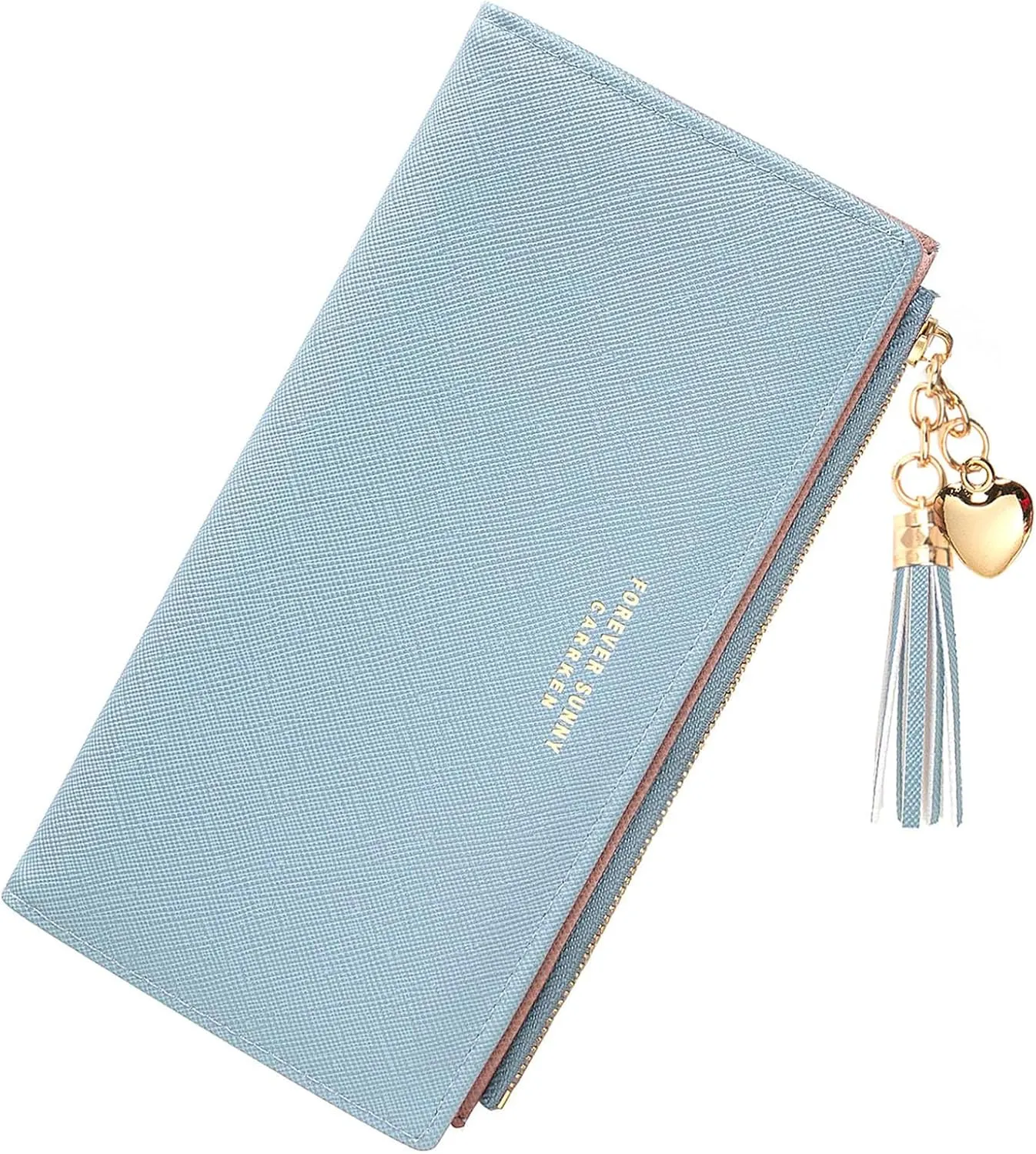 KOTORA Womens Slim Wallet Girls Thin Wallets Pretty Mini Long Card Holder Small Tiny Clutch Zip Purse Love Pendant Tassels Billfold (Blue)