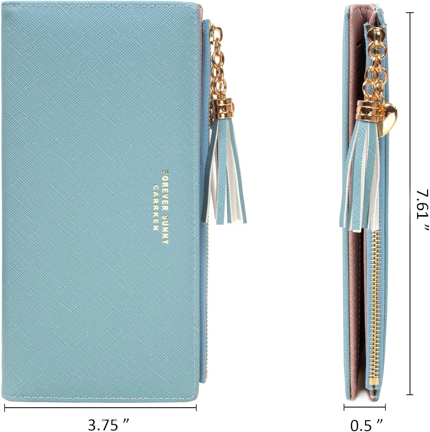 KOTORA Womens Slim Wallet Girls Thin Wallets Pretty Mini Long Card Holder Small Tiny Clutch Zip Purse Love Pendant Tassels Billfold (Blue)