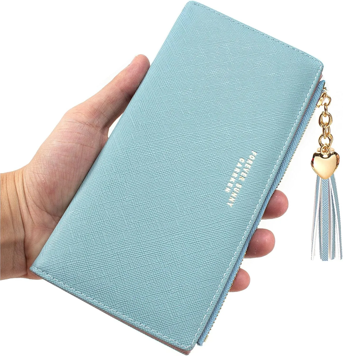 KOTORA Womens Slim Wallet Girls Thin Wallets Pretty Mini Long Card Holder Small Tiny Clutch Zip Purse Love Pendant Tassels Billfold (Blue)