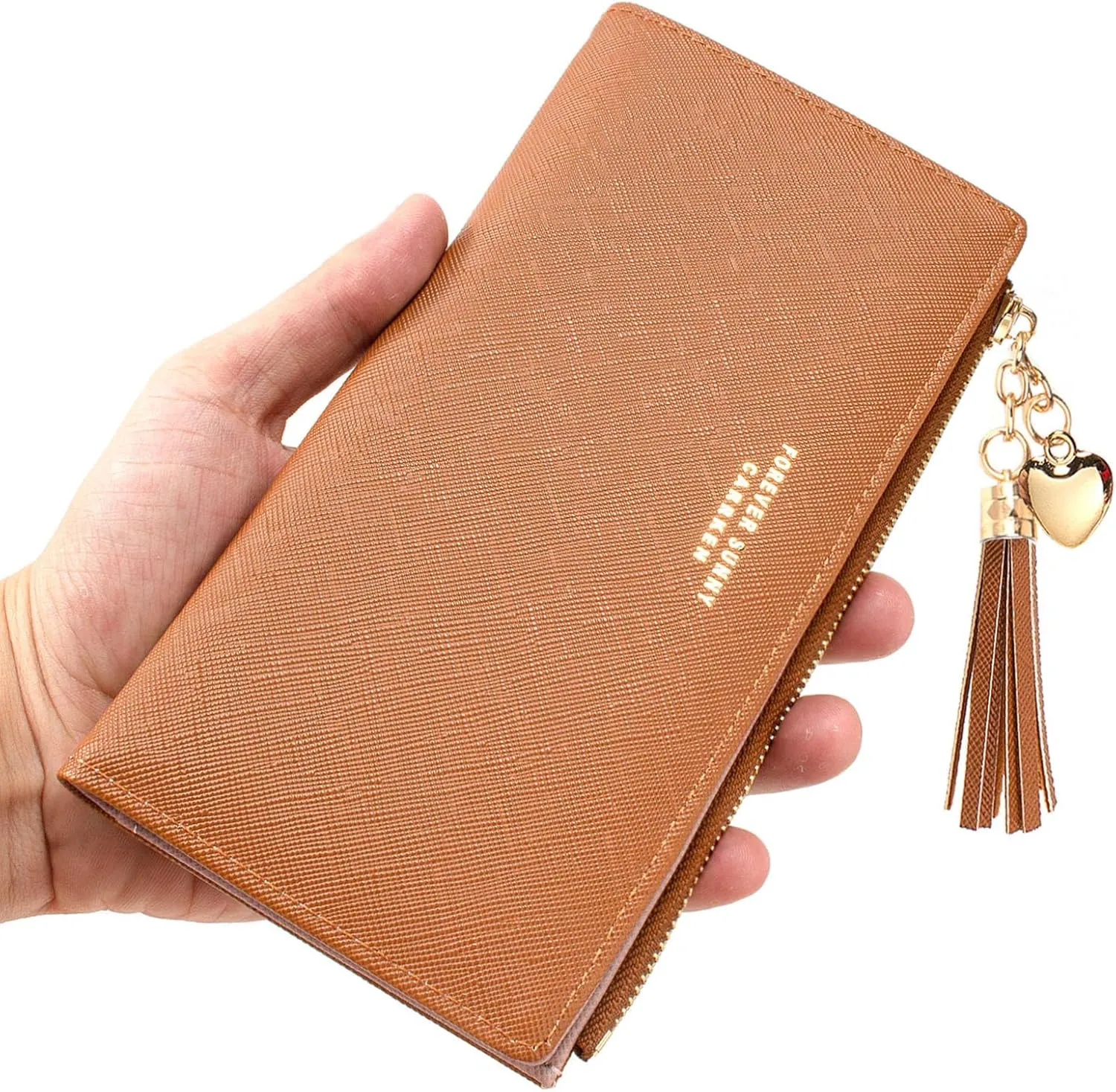 KOTORA Womens Slim Wallet Girls Thin Wallets Pretty Mini Long Card Holder Small Tiny Clutch Zip Purse Love Pendant Tassels Billfold (Brown)