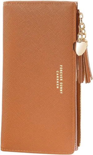 KOTORA Womens Slim Wallet Girls Thin Wallets Pretty Mini Long Card Holder Small Tiny Clutch Zip Purse Love Pendant Tassels Billfold (Brown)