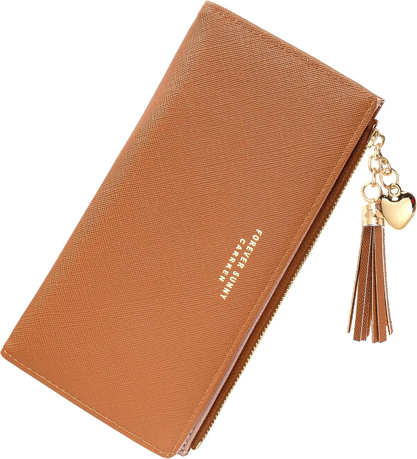 KOTORA Womens Slim Wallet Girls Thin Wallets Pretty Mini Long Card Holder Small Tiny Clutch Zip Purse Love Pendant Tassels Billfold (Brown)