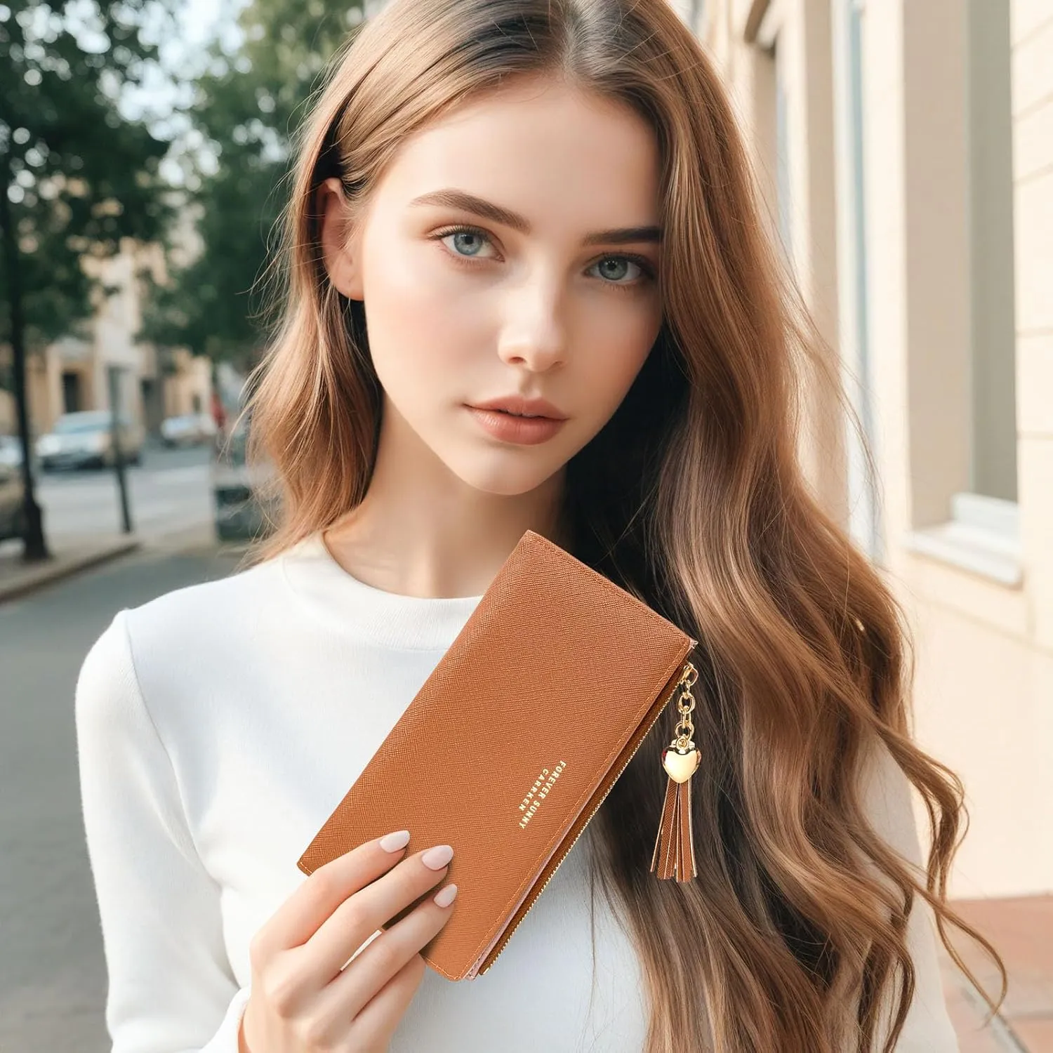 KOTORA Womens Slim Wallet Girls Thin Wallets Pretty Mini Long Card Holder Small Tiny Clutch Zip Purse Love Pendant Tassels Billfold (Brown)
