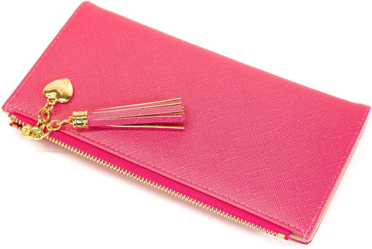 KOTORA Womens Slim Wallet Girls Thin Wallets Pretty Mini Long Card Holder Small Tiny Clutch Zip Purse Love Pendant Tassels Billfold (Cyclamen)