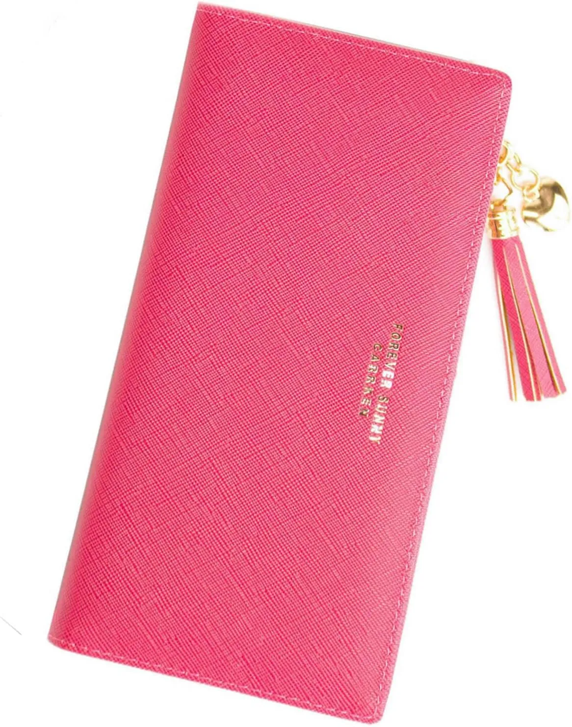 KOTORA Womens Slim Wallet Girls Thin Wallets Pretty Mini Long Card Holder Small Tiny Clutch Zip Purse Love Pendant Tassels Billfold (Cyclamen)