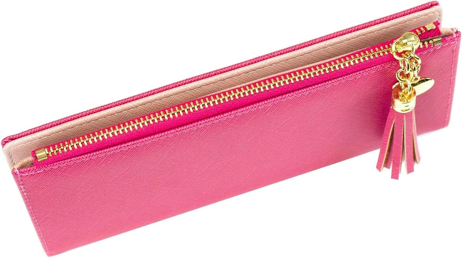 KOTORA Womens Slim Wallet Girls Thin Wallets Pretty Mini Long Card Holder Small Tiny Clutch Zip Purse Love Pendant Tassels Billfold (Cyclamen)
