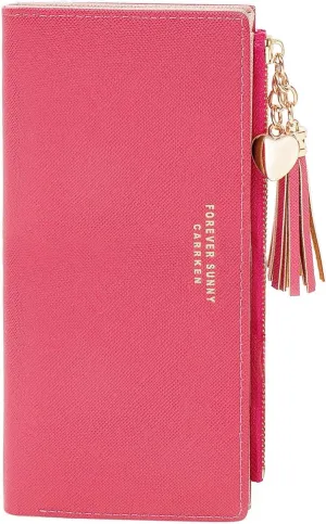 KOTORA Womens Slim Wallet Girls Thin Wallets Pretty Mini Long Card Holder Small Tiny Clutch Zip Purse Love Pendant Tassels Billfold (Cyclamen)
