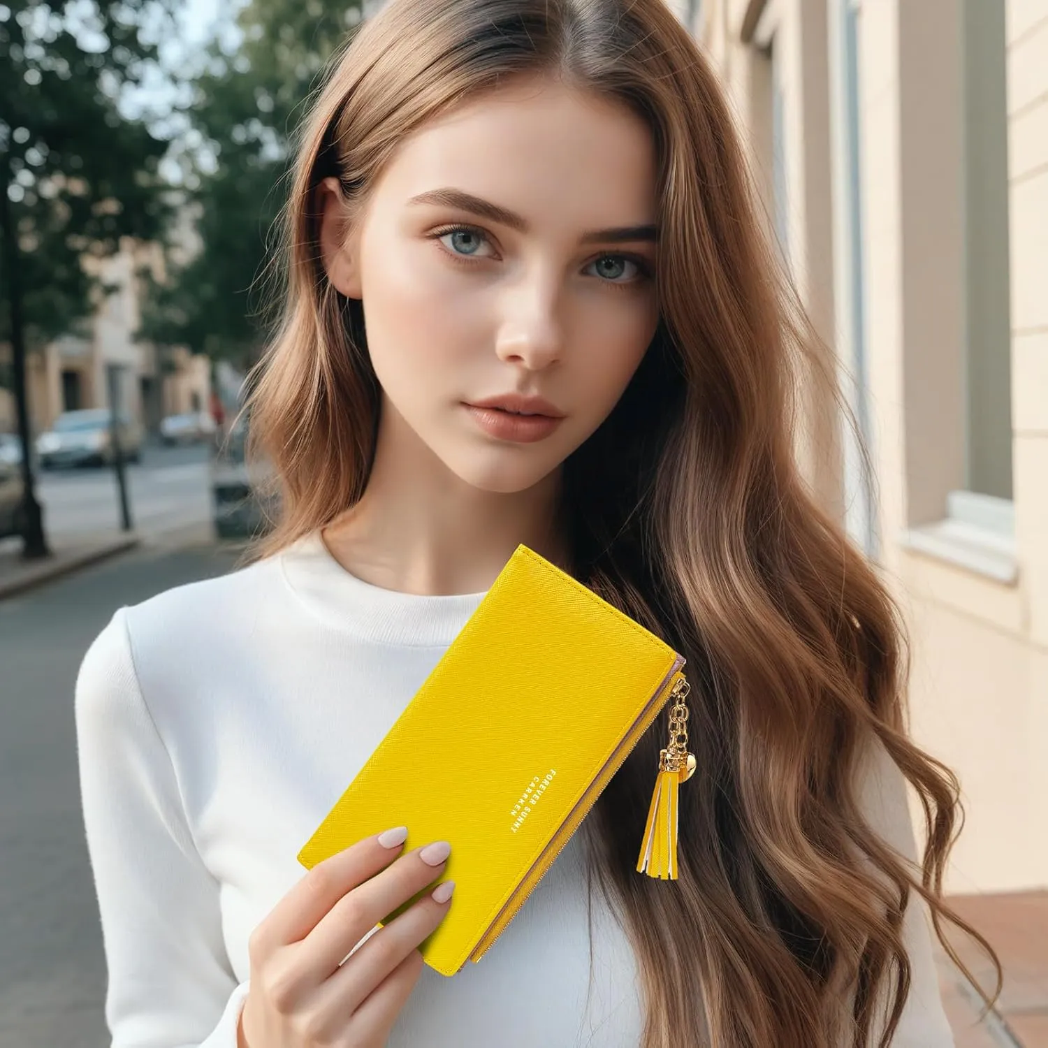 KOTORA Womens Slim Wallet Girls Thin Wallets Pretty Mini Long Card Holder Small Tiny Clutch Zip Purse Love Pendant Tassels Billfold (Yellow)