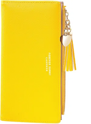 KOTORA Womens Slim Wallet Girls Thin Wallets Pretty Mini Long Card Holder Small Tiny Clutch Zip Purse Love Pendant Tassels Billfold (Yellow)