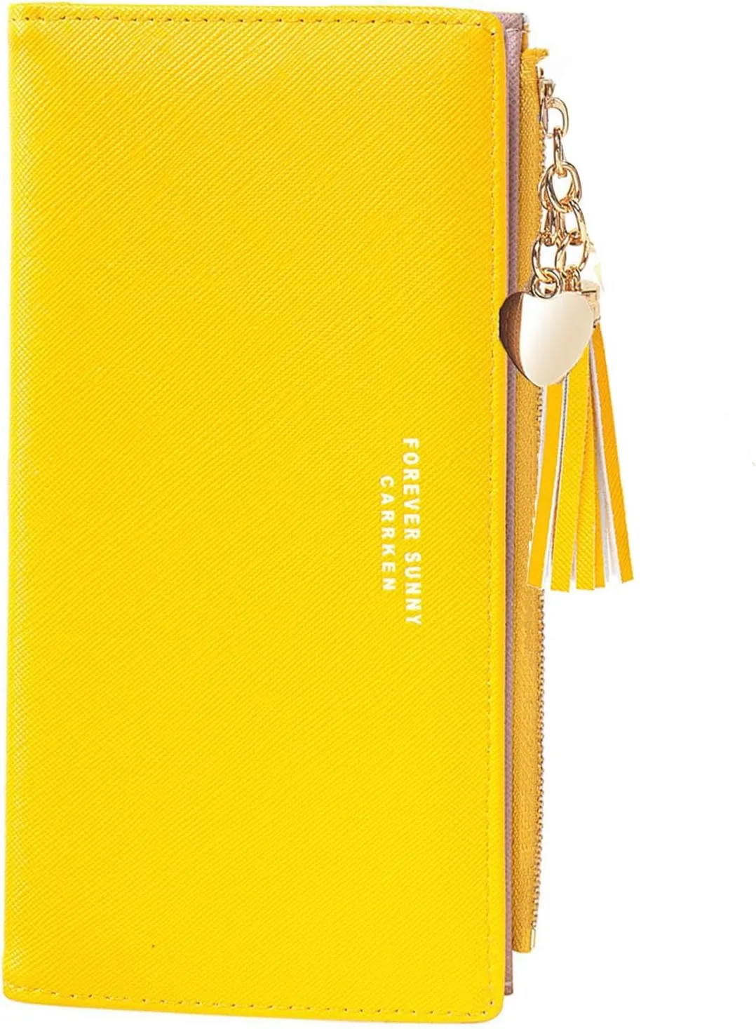KOTORA Womens Slim Wallet Girls Thin Wallets Pretty Mini Long Card Holder Small Tiny Clutch Zip Purse Love Pendant Tassels Billfold (Yellow)