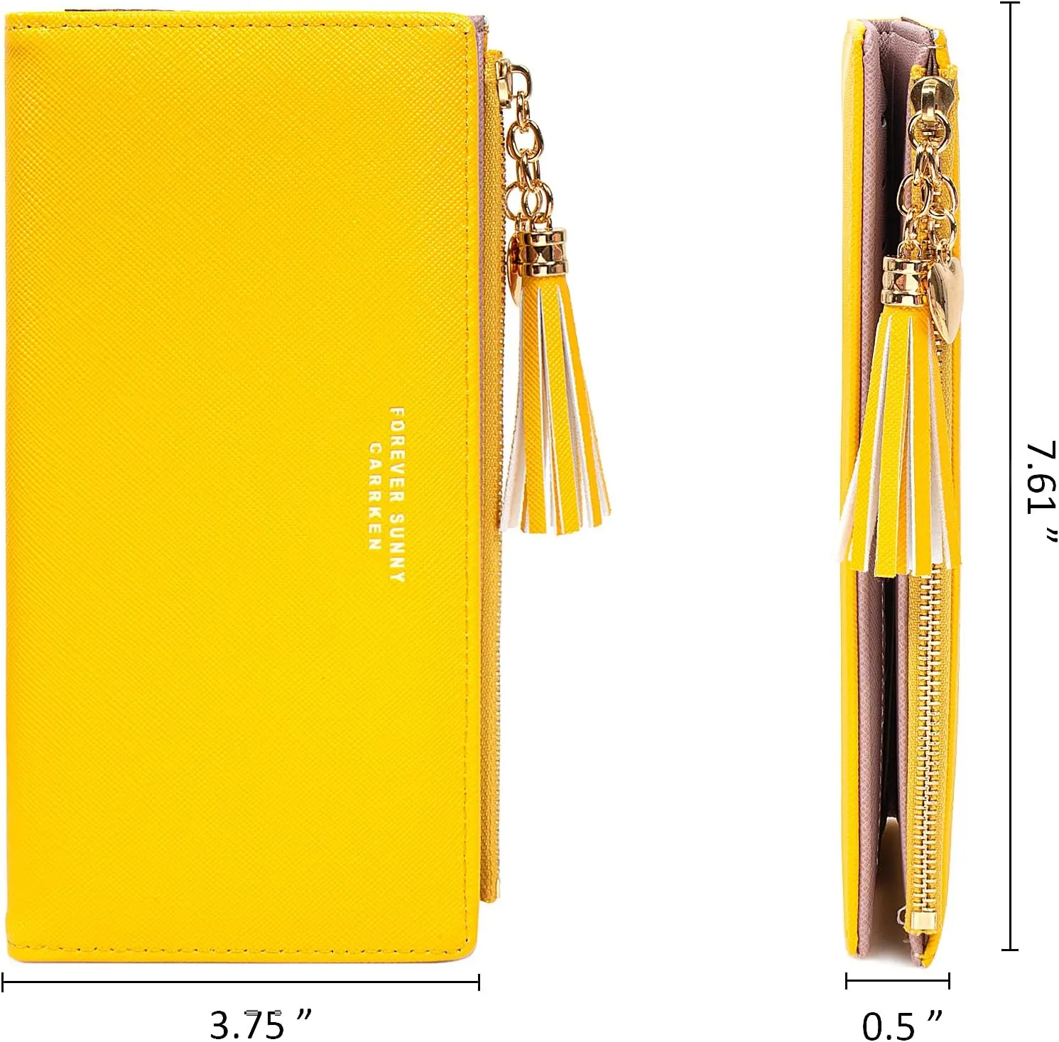 KOTORA Womens Slim Wallet Girls Thin Wallets Pretty Mini Long Card Holder Small Tiny Clutch Zip Purse Love Pendant Tassels Billfold (Yellow)