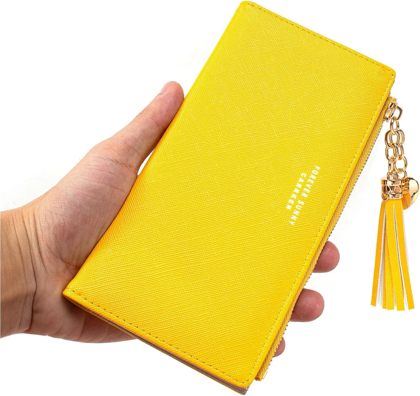 KOTORA Womens Slim Wallet Girls Thin Wallets Pretty Mini Long Card Holder Small Tiny Clutch Zip Purse Love Pendant Tassels Billfold (Yellow)