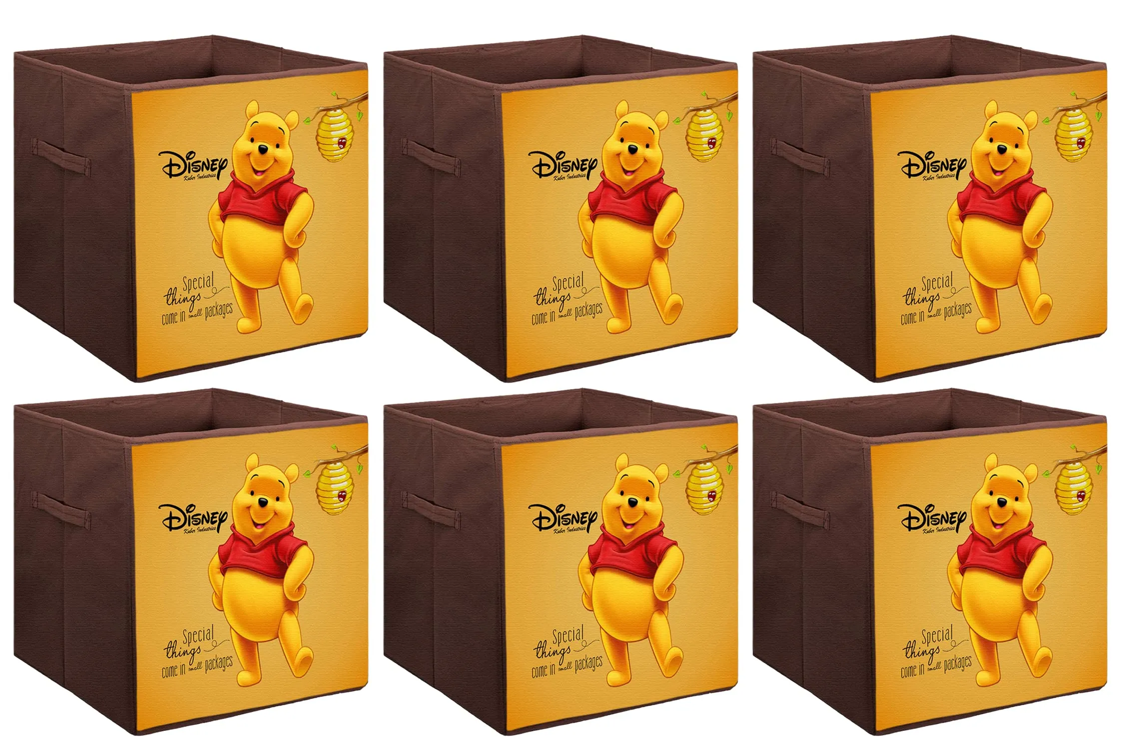 Kuber Industries Disney Winnie-The-Pooh Printed Non-Woven Foldable Storage Bin/Cube/Organizer For Toys, Clothes And Books With Handles- Pack of 6 (Brown) -HS43KUBMART26288