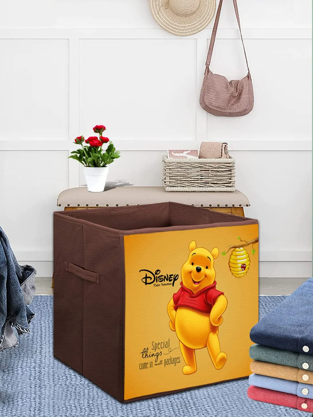 Kuber Industries Disney Winnie-The-Pooh Printed Non-Woven Foldable Storage Bin/Cube/Organizer For Toys, Clothes And Books With Handles- Pack of 6 (Brown) -HS43KUBMART26288