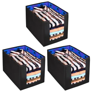 Kuber Industries Flower Printed Non-Woven Foldable Shirt Stacker Closet Organizer With Handles- Pack of 3 (Black & Blue)-HS43KUBMART26520