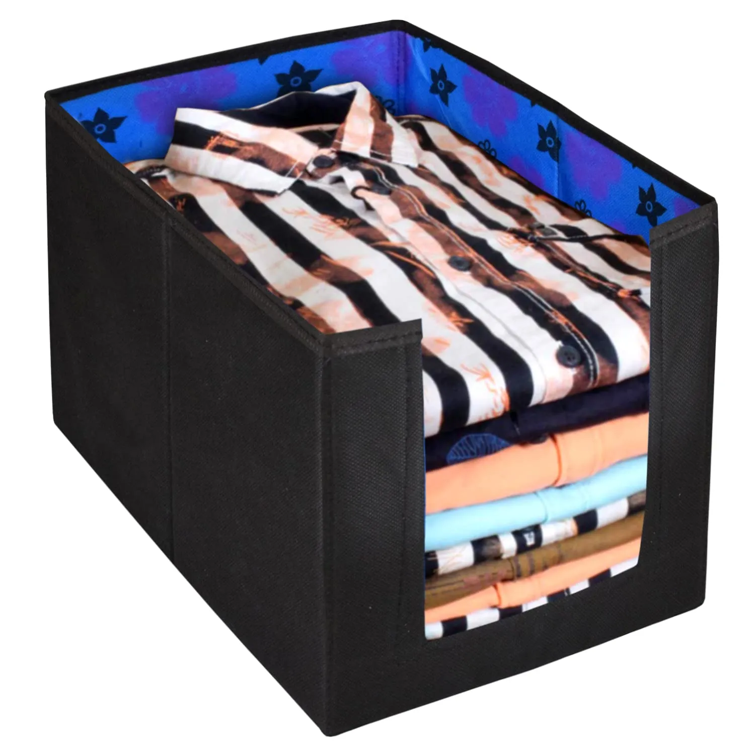 Kuber Industries Flower Printed Non-Woven Foldable Shirt Stacker Closet Organizer With Handles- Pack of 3 (Black & Blue)-HS43KUBMART26520