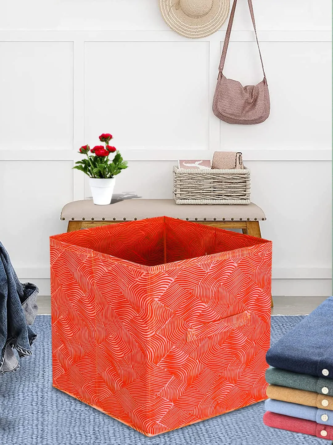 Kuber Industries Lehariya Printed Multipurposes Storage Box/Organizer With Handles- Pack of 3 (Orange) -HS43KUBMART26235