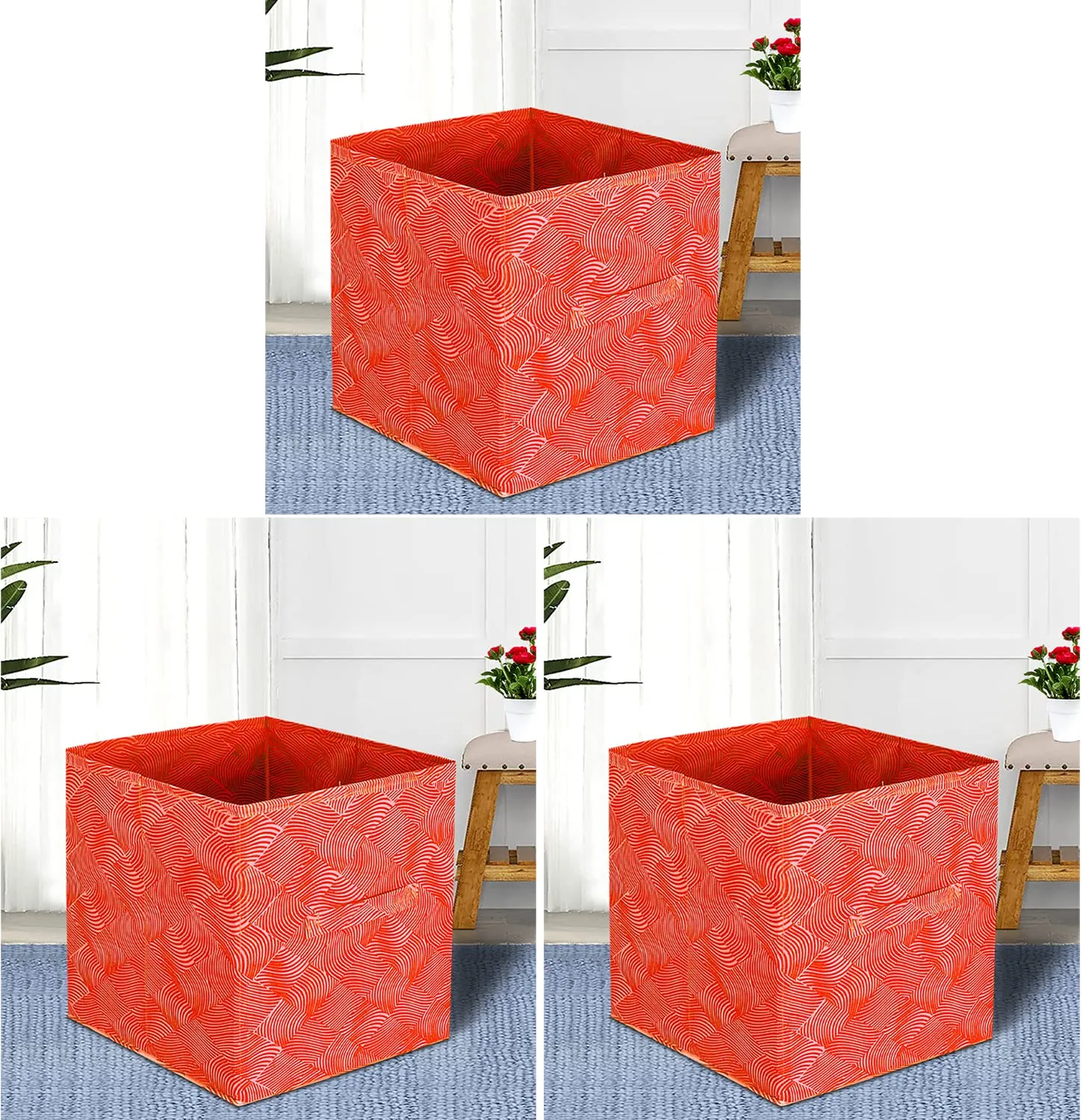 Kuber Industries Lehariya Printed Multipurposes Storage Box/Organizer With Handles- Pack of 3 (Orange) -HS43KUBMART26235