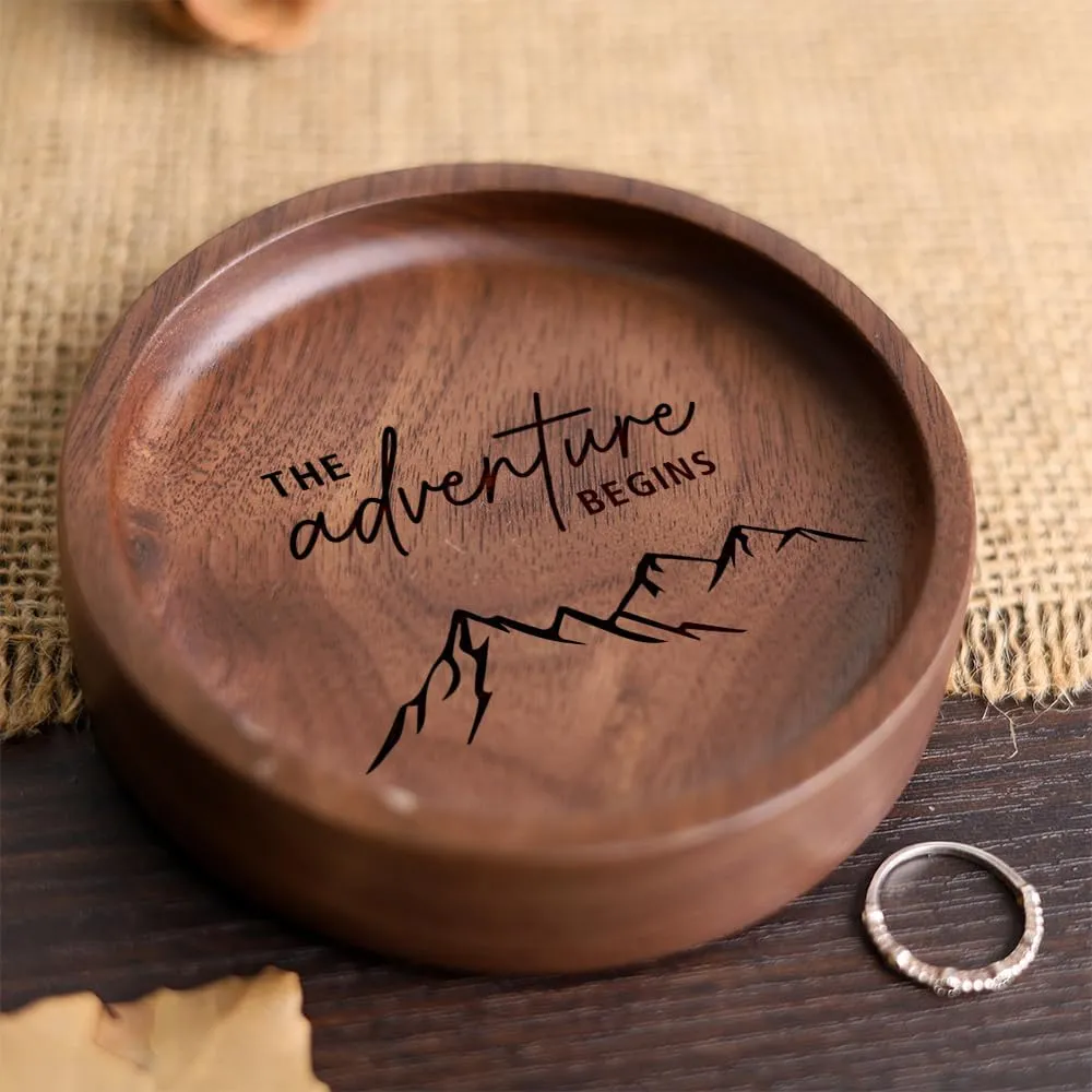 La Boda Wooden Ring Tray, Engraved Wedding Ring Holder, Engagement Ring Dish, Jewelry Dish Gifts for Couples, Anniversary, Birthday Gifts for Her, Bridal Shower Gifts (19 - the adventure begins)
