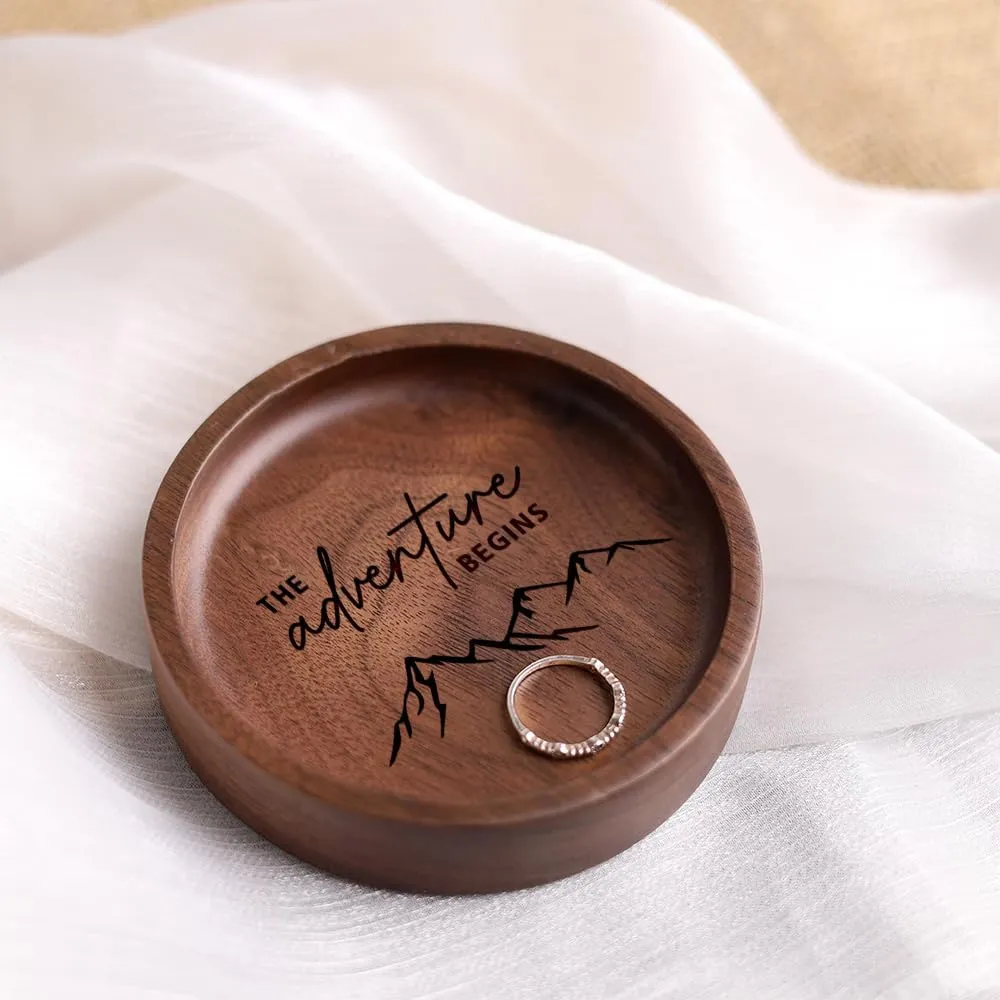 La Boda Wooden Ring Tray, Engraved Wedding Ring Holder, Engagement Ring Dish, Jewelry Dish Gifts for Couples, Anniversary, Birthday Gifts for Her, Bridal Shower Gifts (19 - the adventure begins)