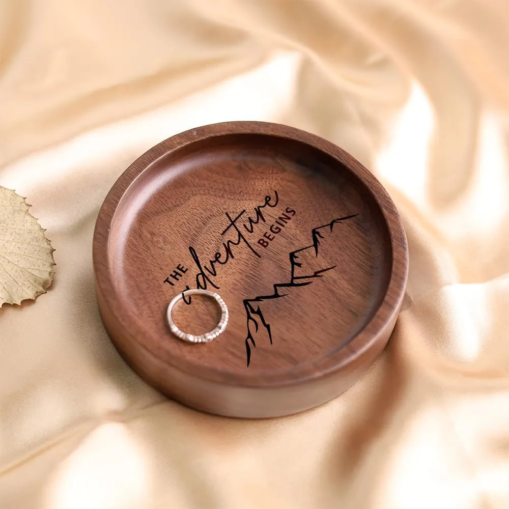 La Boda Wooden Ring Tray, Engraved Wedding Ring Holder, Engagement Ring Dish, Jewelry Dish Gifts for Couples, Anniversary, Birthday Gifts for Her, Bridal Shower Gifts (19 - the adventure begins)