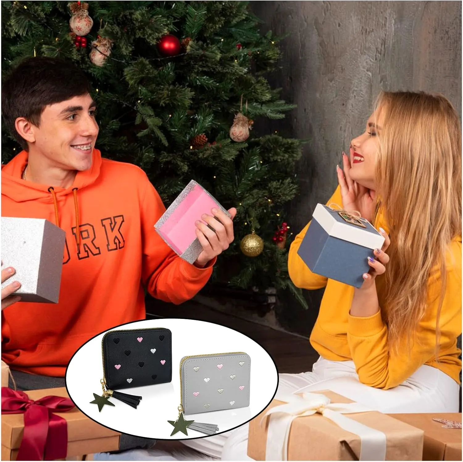 Ladies Purse Wallet, PU Leather Purse Lady Credit Card Holder with Star Pendant, Solid Color Wallet (black grey)