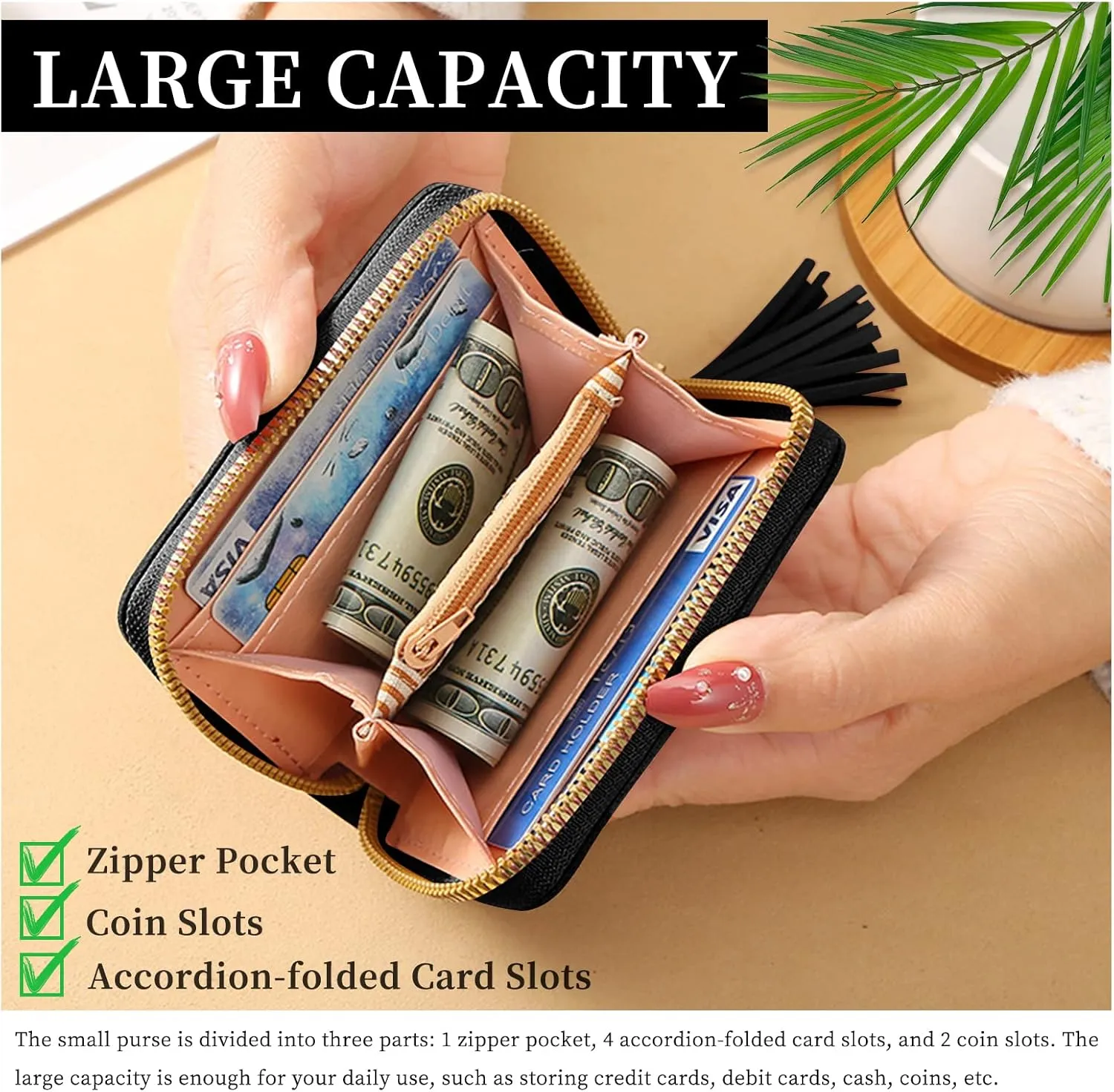 Ladies Purse Wallet, PU Leather Purse Lady Credit Card Holder with Star Pendant, Solid Color Wallet (black grey)