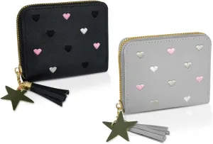 Ladies Purse Wallet, PU Leather Purse Lady Credit Card Holder with Star Pendant, Solid Color Wallet (black grey)
