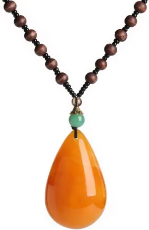 Long Wooden Beaded Necklace for Women Handmade Vintage Pendant Necklace (Teardrop shape)