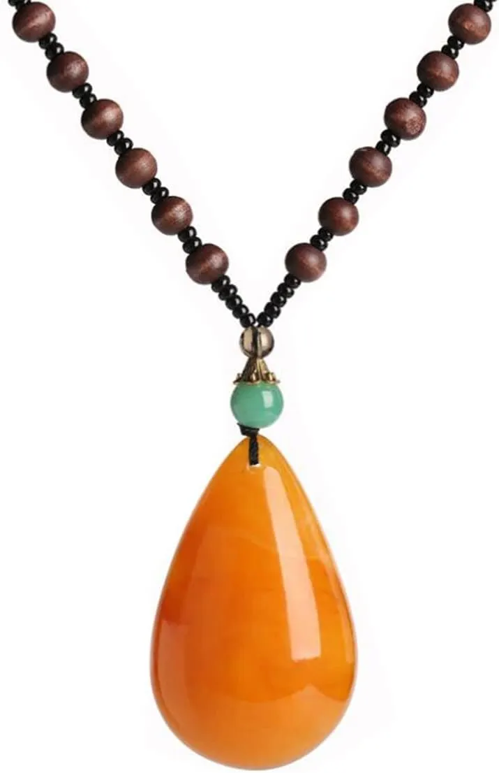 Long Wooden Beaded Necklace for Women Handmade Vintage Pendant Necklace (Teardrop shape)