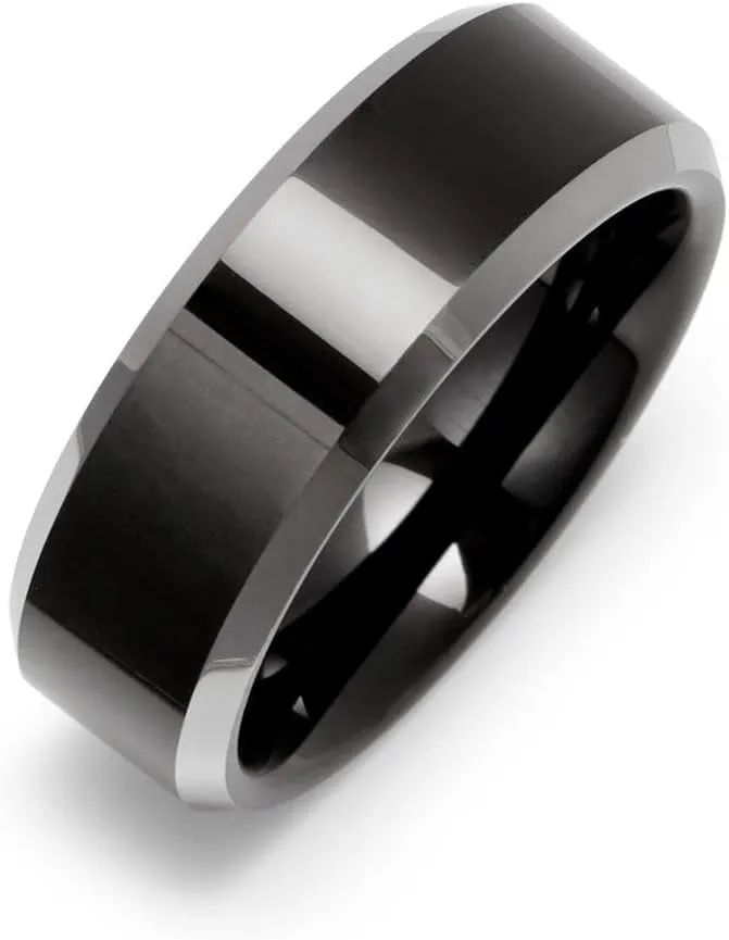 Men's Engravable 8mm Black Tungsten Ring with Beveled Edges (ring sizes 9 to 13) - Custom Engraved Tungsten Ring for Men - Personalized Wedding Band - Gift for Him - Gifts for Dad