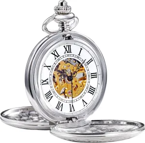 Mens Skeleton Mechanical Pocket Watch, Retro Roman Numerals, Half Hunter, Bronze