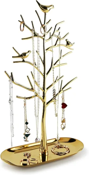 MORE&LESS Branch Jewelry Rack with metal tray,Luxury color,Tree Tower Rack Hanging Organizer for Ring Earrings Necklace Bracelet,Suitable for living rooms, bathrooms,offices,etc.