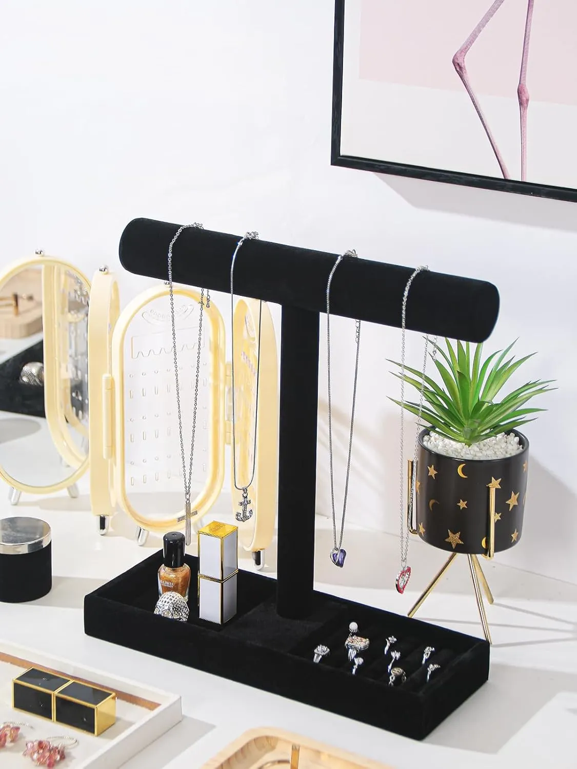 Multi-Use Jewelry Holder Stand, Necklace Bracelet Ring Organizer Stand, Scrunchie Watches Velvet Jewelry Holder Stand With Tray for Women Home Use(Black Color)