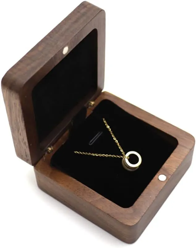 Natural Walnut Wooden Necklace Gift Box Pendant Storage Case Jewelry Display Box for Anniversary Propose Christmas