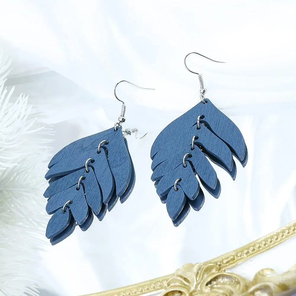 Nature Wooden Leaf Drop Dangle Earrings Wood Palm Leaves for Women Handmade Lightweight Bohemian Summer Tropical Plant Ethnic Jewelry