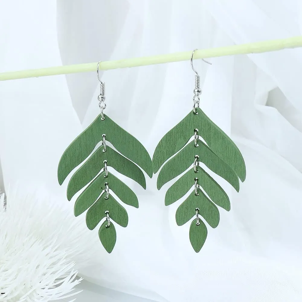 Nature Wooden Leaf Drop Dangle Earrings Wood Palm Leaves for Women Handmade Lightweight Bohemian Summer Tropical Plant Ethnic Jewelry