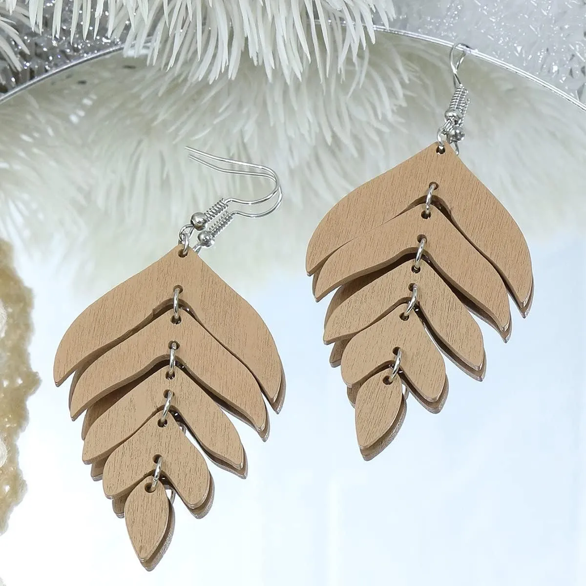 Nature Wooden Leaf Drop Dangle Earrings Wood Palm Leaves for Women Handmade Lightweight Bohemian Summer Tropical Plant Ethnic Jewelry