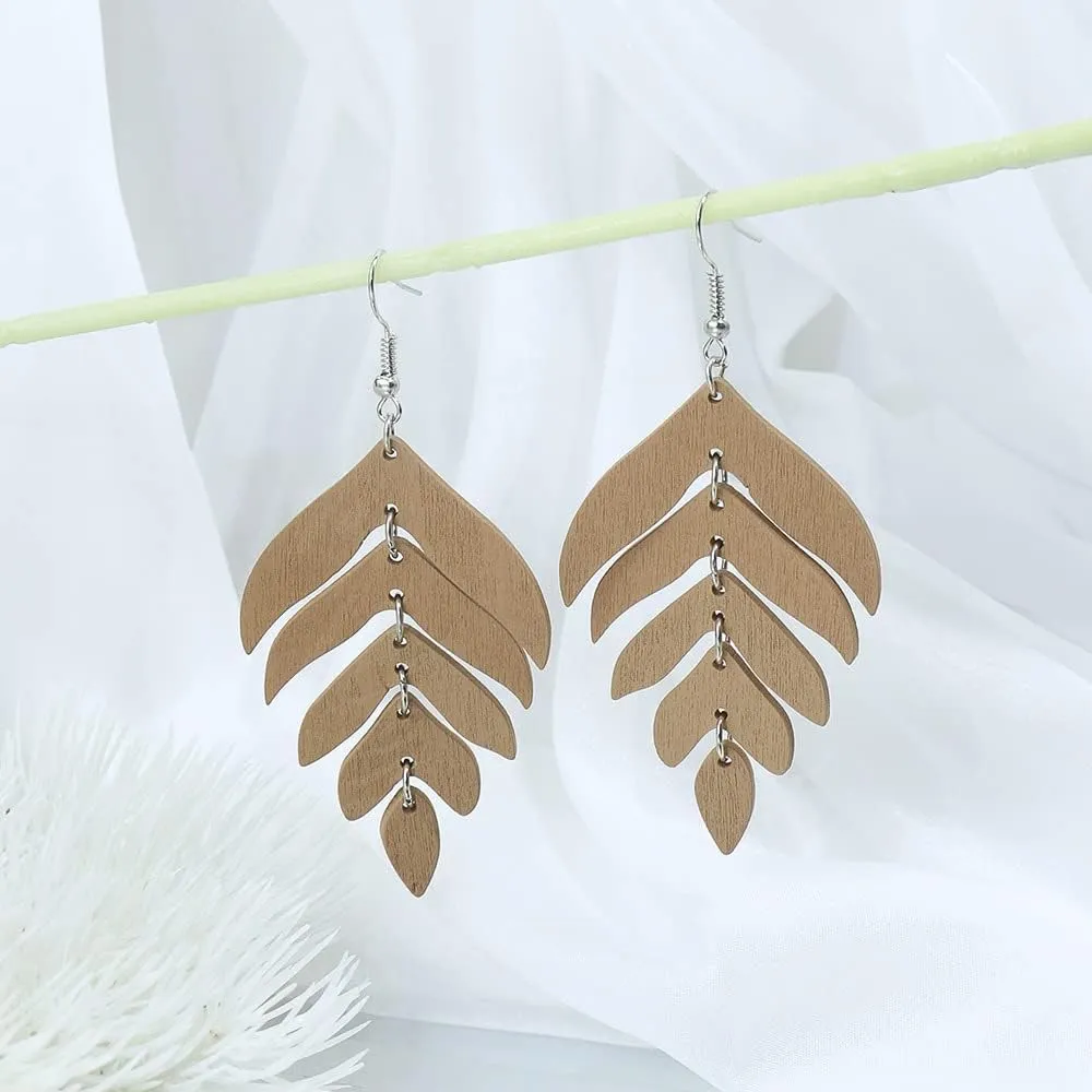 Nature Wooden Leaf Drop Dangle Earrings Wood Palm Leaves for Women Handmade Lightweight Bohemian Summer Tropical Plant Ethnic Jewelry