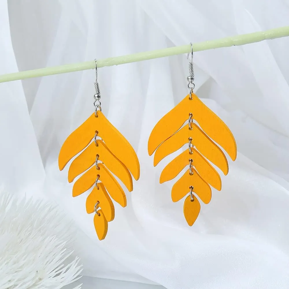 Nature Wooden Leaf Drop Dangle Earrings Wood Palm Leaves for Women Handmade Lightweight Bohemian Summer Tropical Plant Ethnic Jewelry