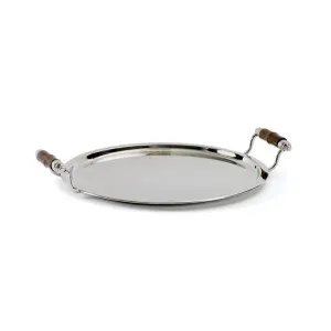 Nickel Polished Bamboo Handled Round Tray