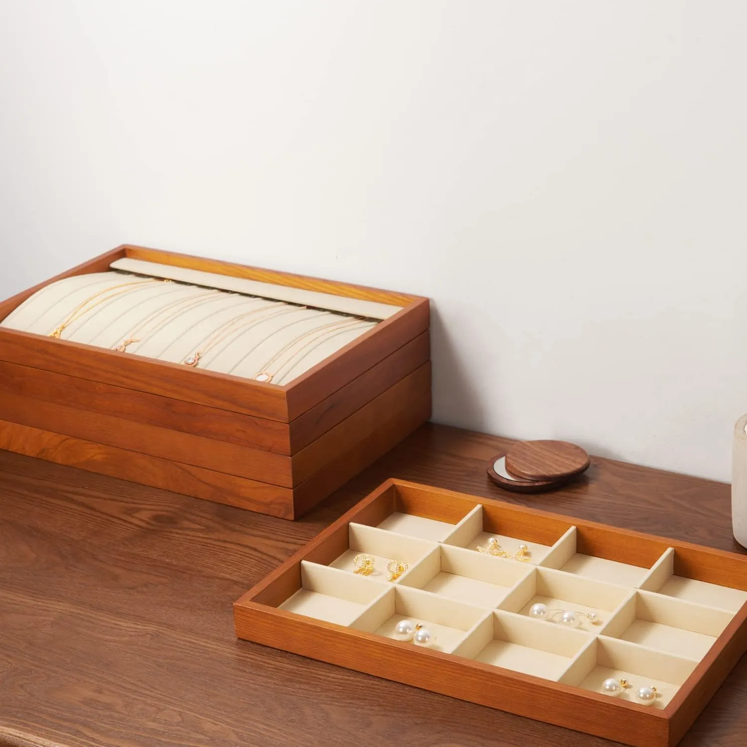 Oirlv Wood 13 Grids Necklace/Bracelet/Pendant Display Tray Jewelry Drawer Organizer Stackable Jewelry Trays (Creamy-white)